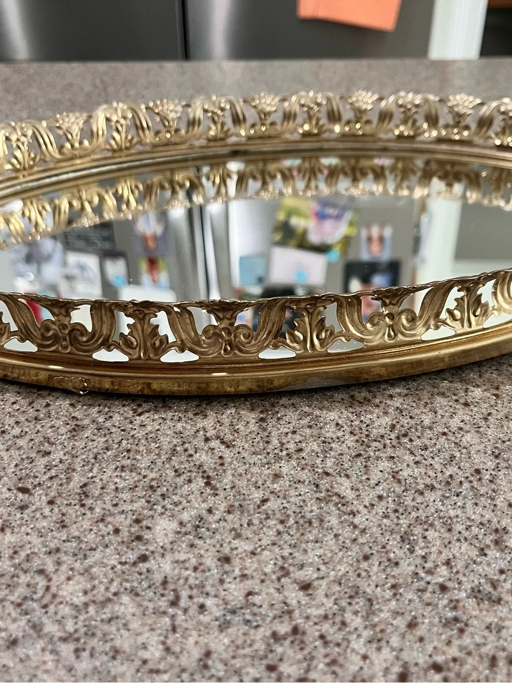 Vintage Ornate Gold Decorative Oval Vanity Mirror Tray Hollywood Regency Style